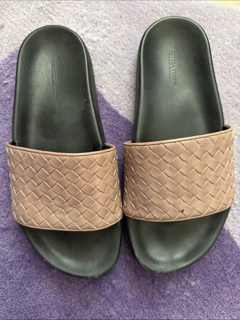 Bottega Veneta Woven Leather Slide Sandals - Taupe Strap Black Footbed